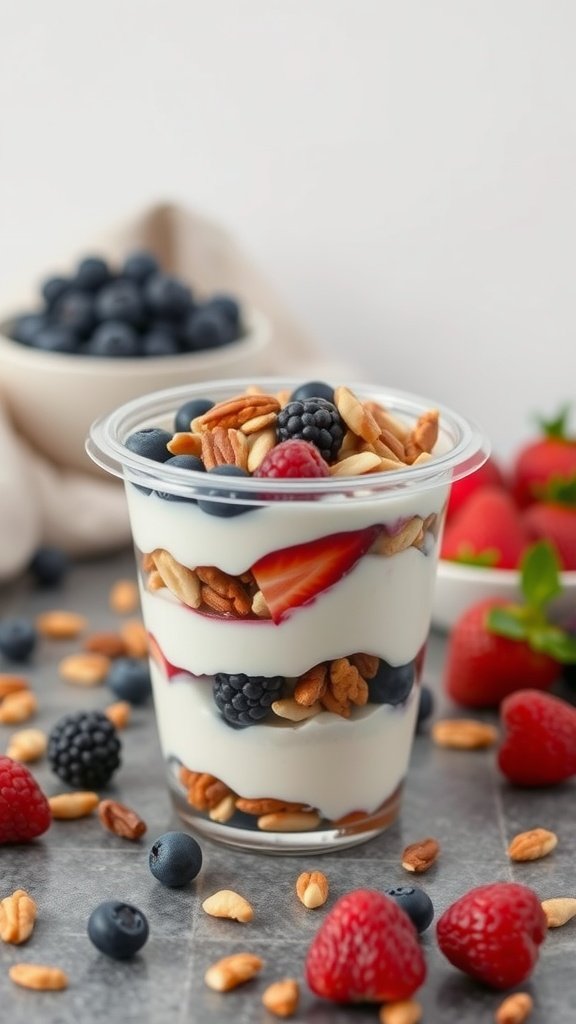A layered Greek yogurt parfait with nuts and fresh berries in a clear cup.