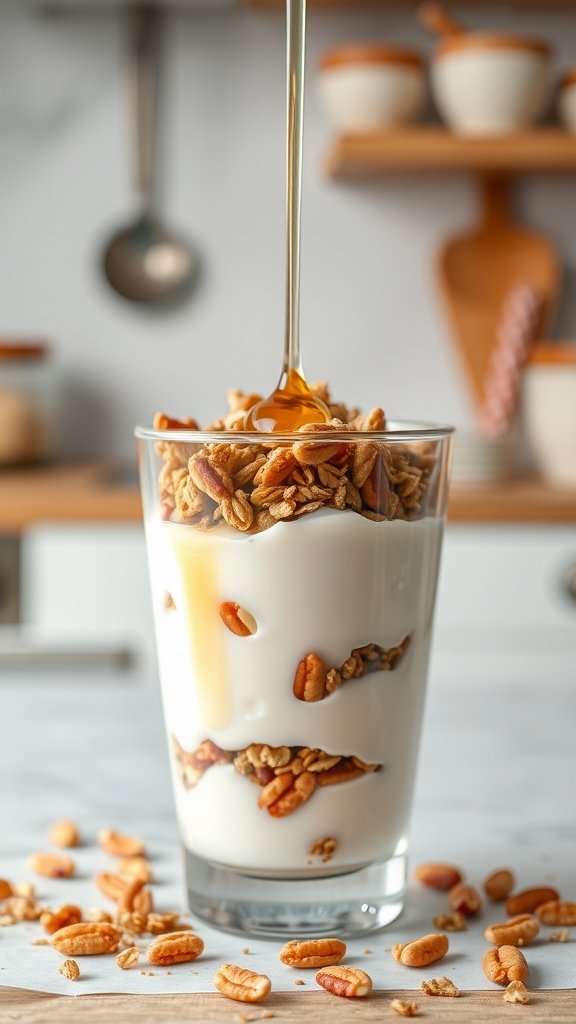 A layered Greek yogurt parfait with nuts and honey.