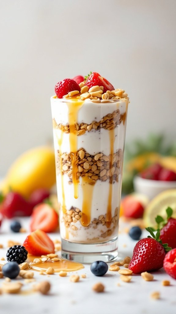 A delicious Greek yogurt parfait with layers of nuts, honey, and fresh berries.