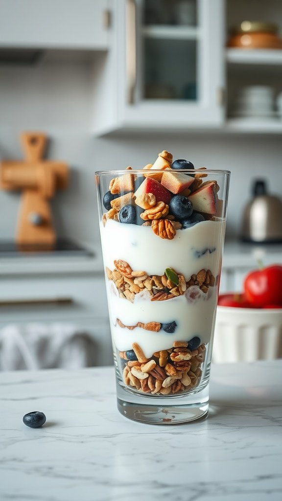 A layered Greek yogurt parfait with nuts and seeds