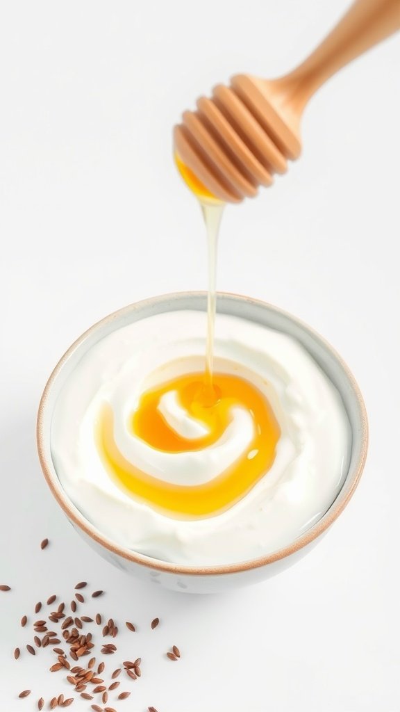 A bowl of Greek yogurt drizzled with honey and topped with flaxseeds.