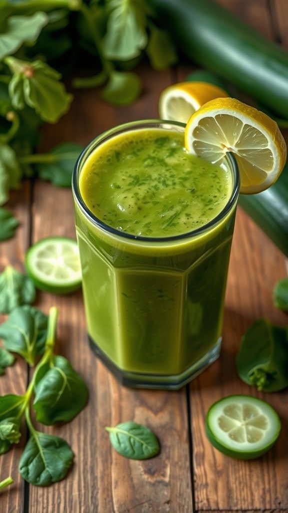 A refreshing green smoothie with lemon slices