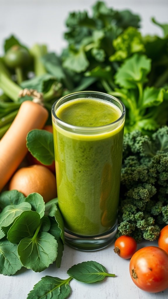 A glass of green smoothie surrounded by fresh vegetables.