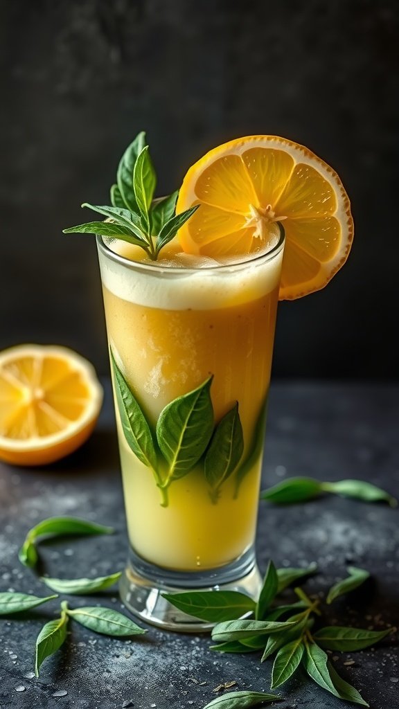 A refreshing green tea citrus smoothie in a tall glass with lemon garnish.