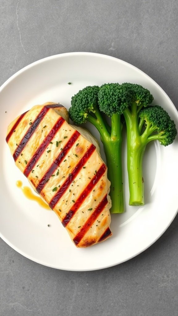 Grilled chicken breast served with steamed broccoli on a white plate.