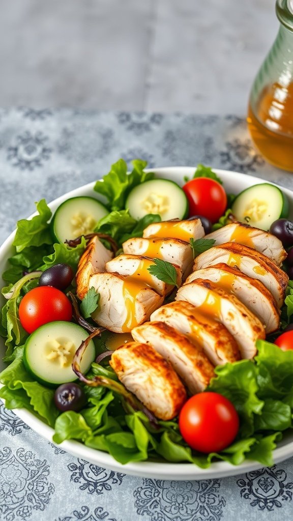 A colorful grilled chicken salad with mixed greens, cherry tomatoes, cucumbers, and olives.