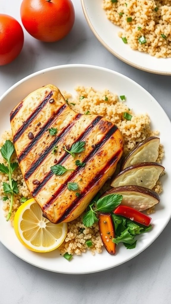 Grilled lemon herb chicken served with quinoa and fresh vegetables.