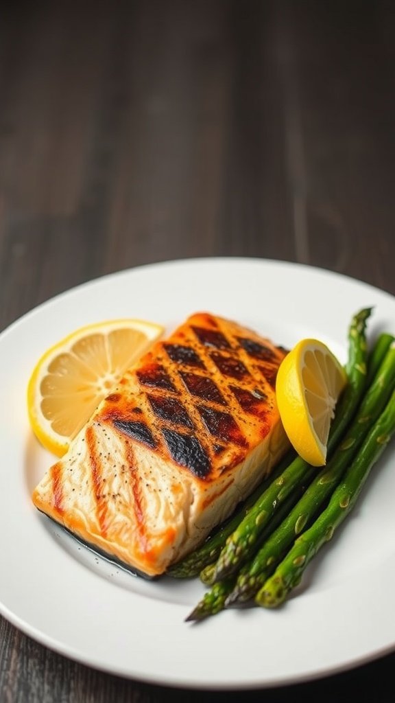 Grilled salmon fillet served with asparagus and lemon wedges on a plate.