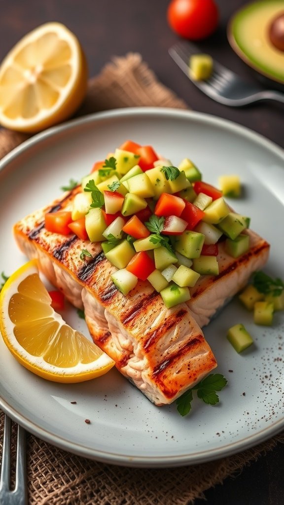 Grilled salmon fillet topped with fresh avocado salsa and lemon slices on a plate.