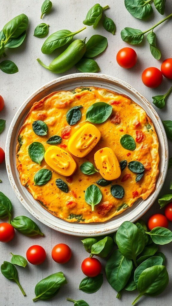 A delicious spinach and feta omelet garnished with fresh spinach and cherry tomatoes.