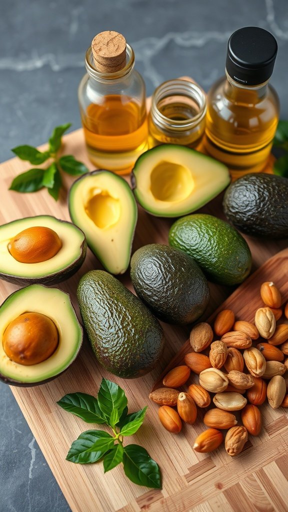 A variety of healthy fats including avocados, nuts, and oils on a wooden cutting board.