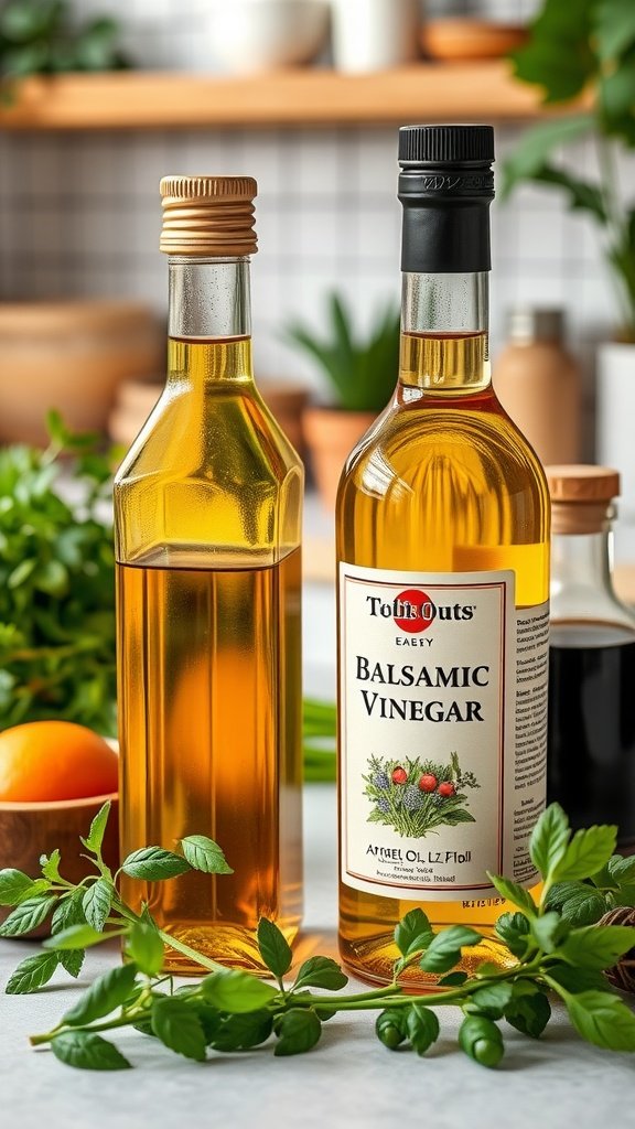 Two bottles of healthy oils: one olive oil and one balsamic vinegar, surrounded by fresh herbs