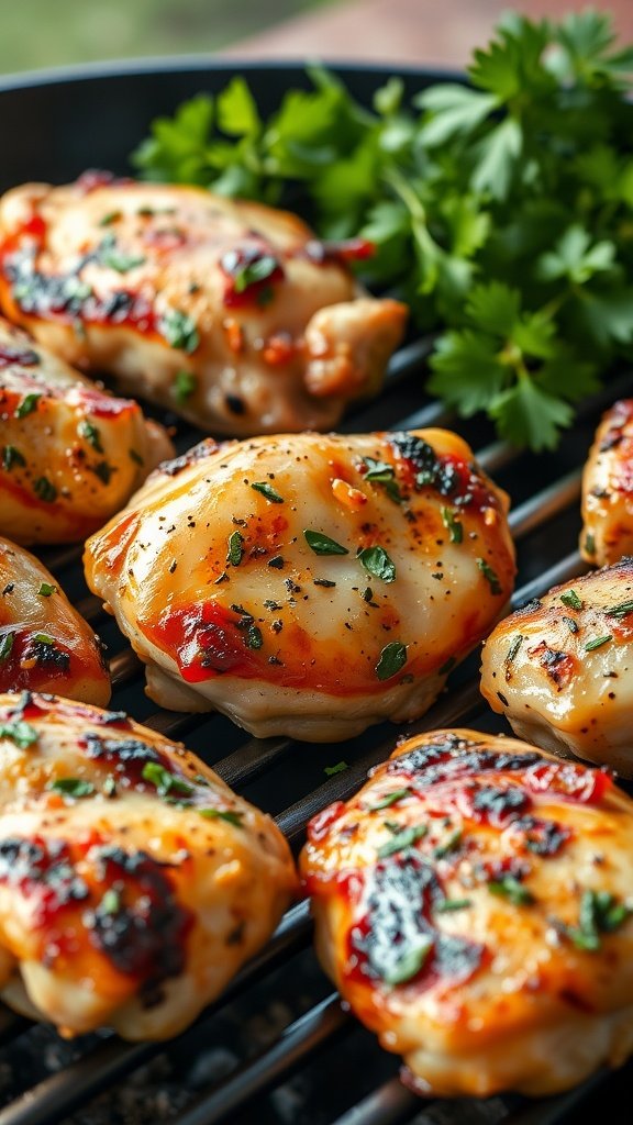 Grilled herb-garlic chicken thighs on a grill