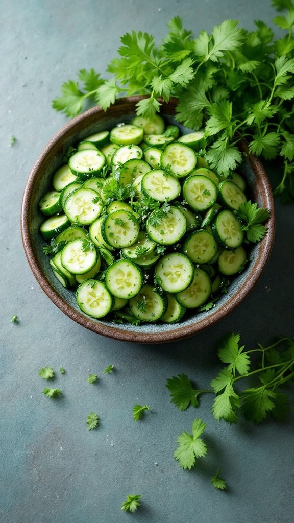 A bowl of spicy Asian cucumber salad garnished with cilantro.