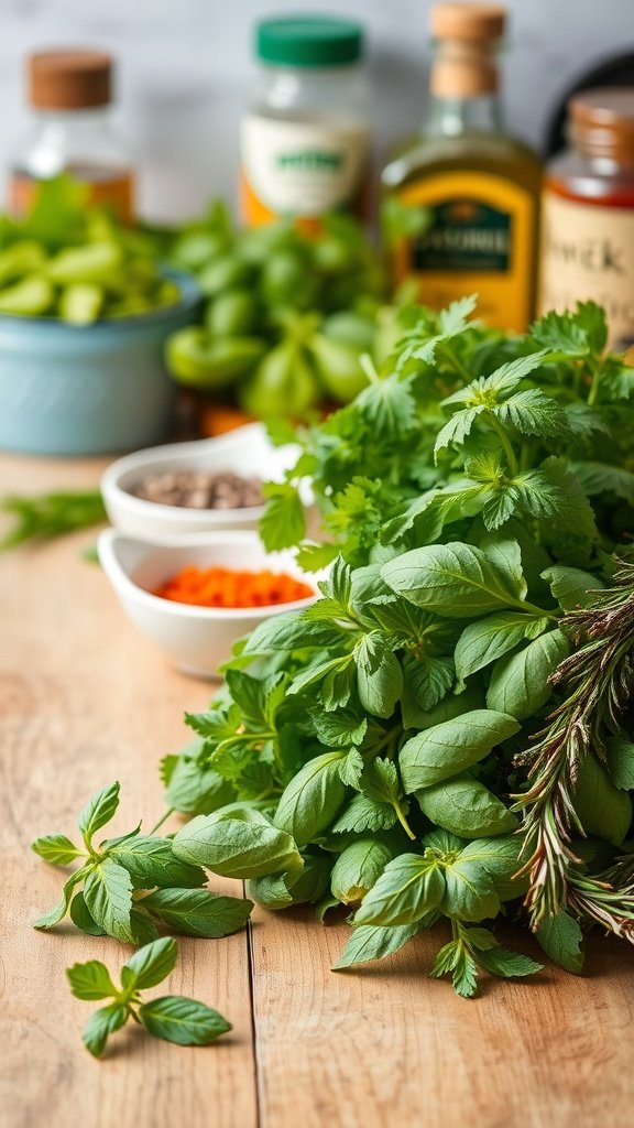 A variety of fresh herbs including basil and cilantro, along with spices in jars, on a wooden surface.