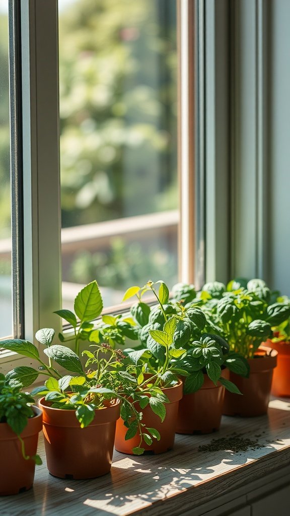 A bright window with potted herbs on the sill, showcasing fresh greenery for cooking.