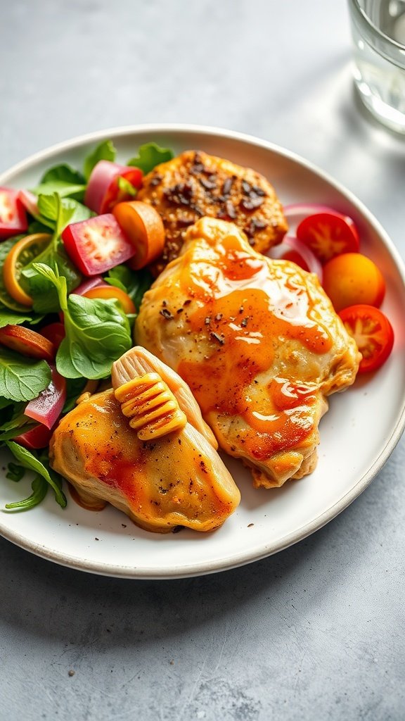 Honey mustard glazed chicken thighs served with a fresh salad.