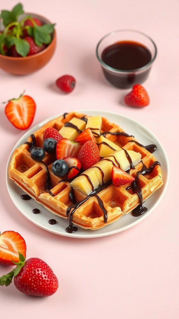 Delicious Hong Kong style egg waffles topped with fresh fruits and chocolate syrup.