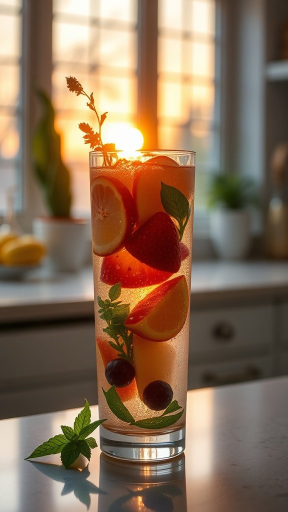 A refreshing glass of fruit-infused water with strawberries, lemon, and mint, set against a sunrise backdrop.