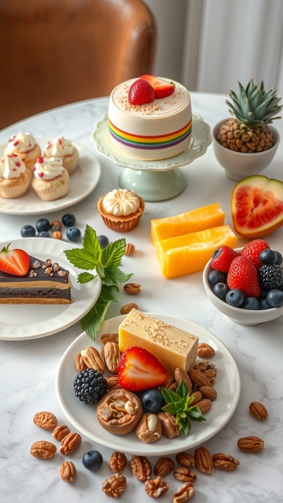 A colorful dessert platter featuring a small cake, fresh fruits, nuts, cupcakes, and chocolate tart.