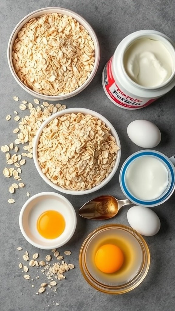 Ingredients for high protein waffles including oats, eggs, and yogurt arranged on a countertop.