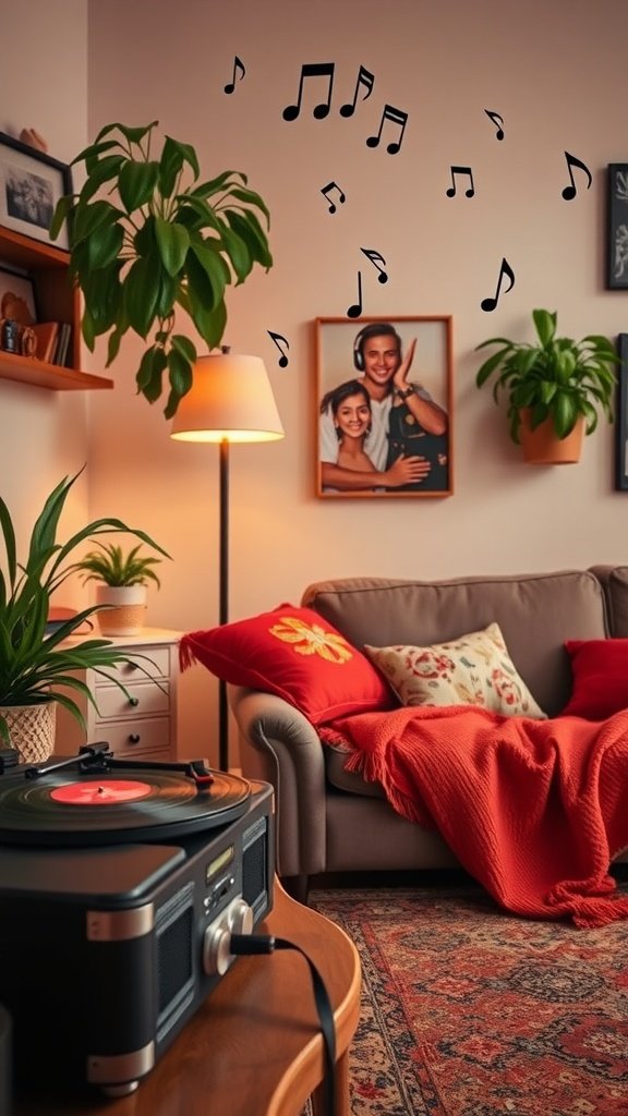 A cozy living room with a record player, plants, and a warm atmosphere