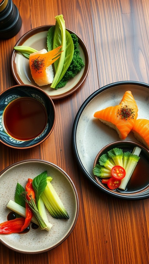 A colorful sushi platter featuring sliced vegetables and fresh fish.