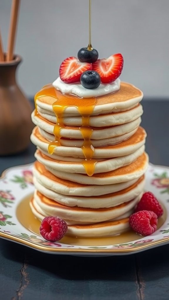 Fluffy Japanese pancakes topped with fruits and syrup.