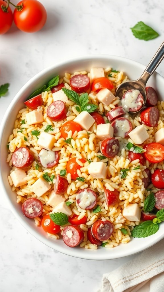 Bowl of Kalbasa Alfredo Orzo Salad with cherry tomatoes and mozzarella