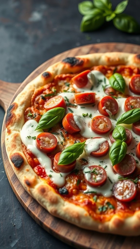 A delicious Kalbasa Alfredo Pizza topped with fresh basil and cherry tomatoes.