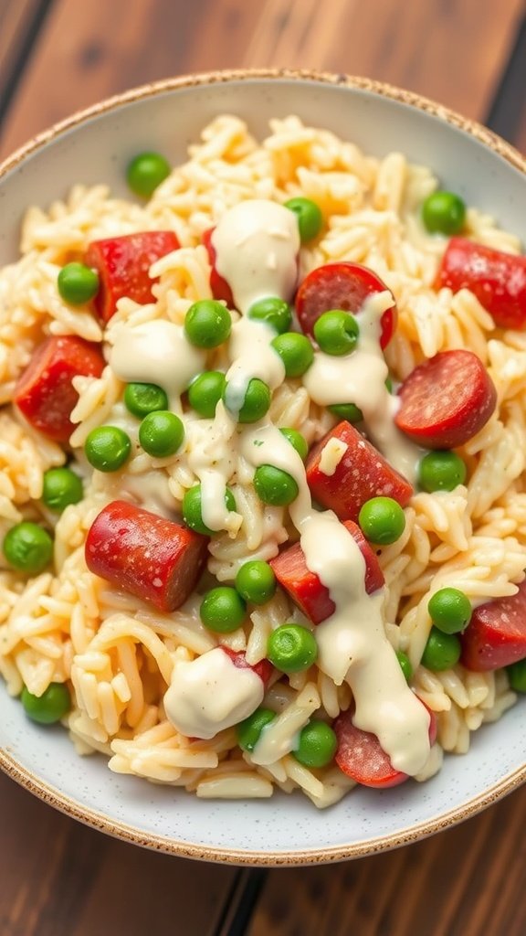 A bowl of Kalbasa Alfredo Risotto with peas