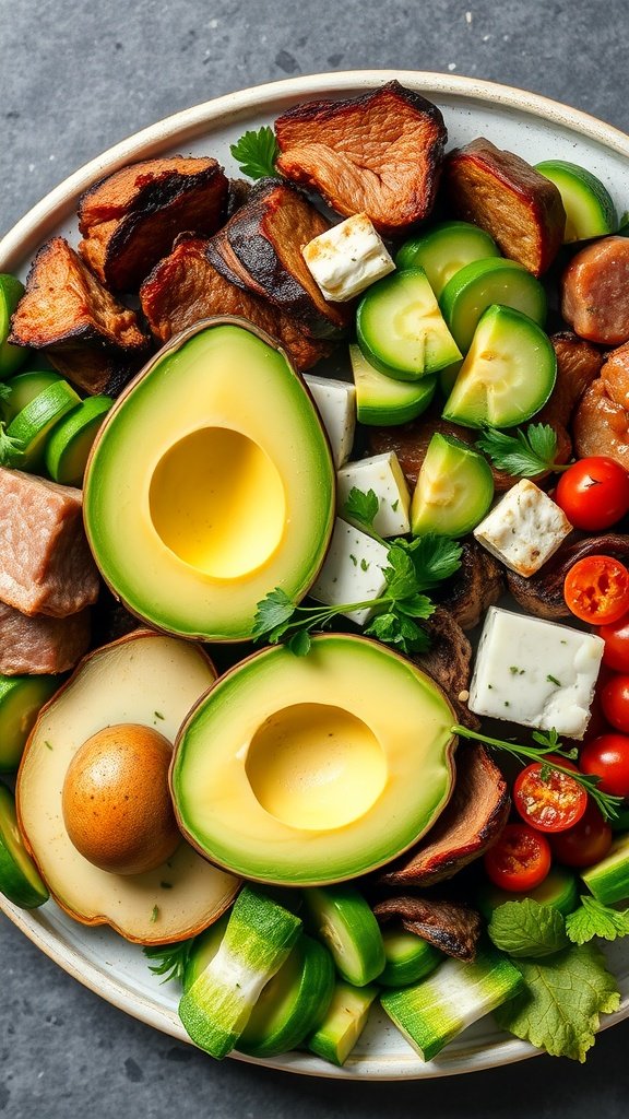 A delicious keto-friendly plate featuring avocados, cherry tomatoes, cucumber, feta cheese, and cooked bacon.
