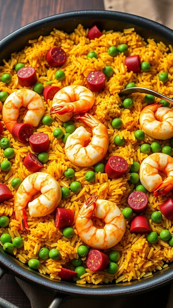 A colorful dish of Kiełbasa and shrimp paella with rice, shrimp, and kielbasa slices