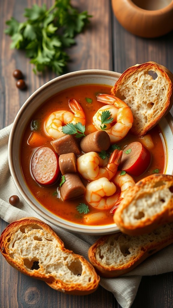 A bowl of kiełbasa and shrimp soup with vegetables, garnished with parsley and served with slices of bread.