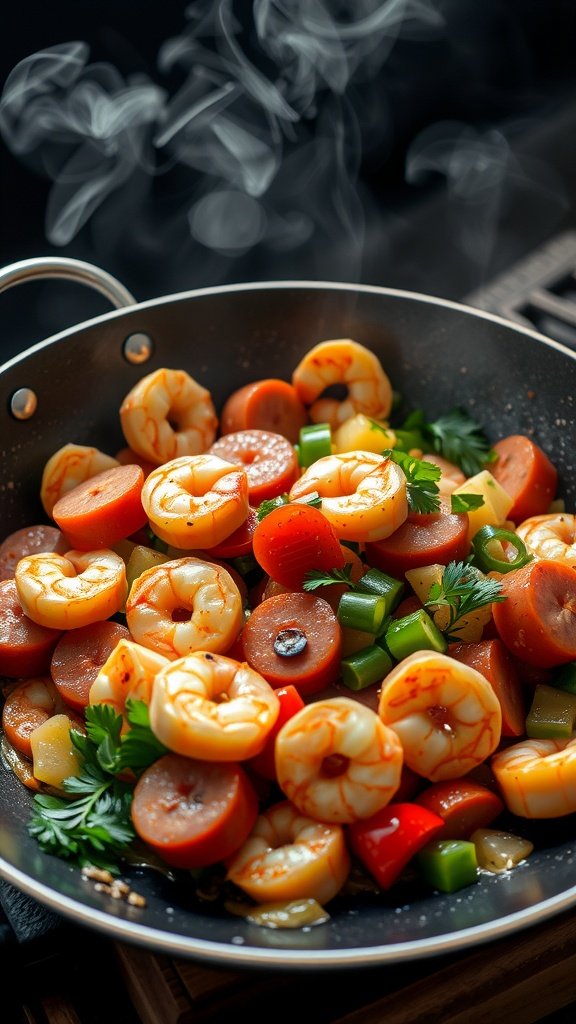 A colorful stir-fry with shrimp and kielbasa, featuring various vegetables