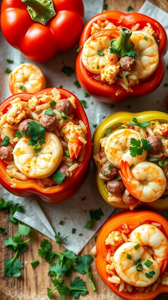 Kiełbasa and shrimp stuffed peppers ready to be served.