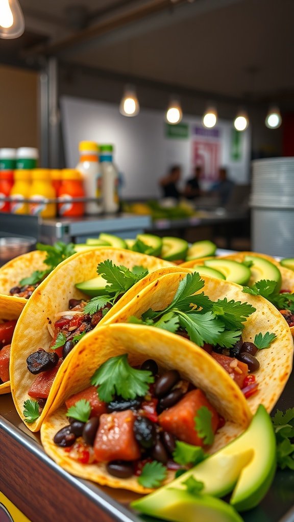 Kielbasa and black bean tacos served with fresh toppings.