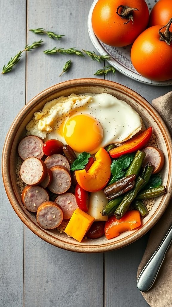 A hearty breakfast bowl filled with kielbasa sausage, vegetables, and a fried egg.