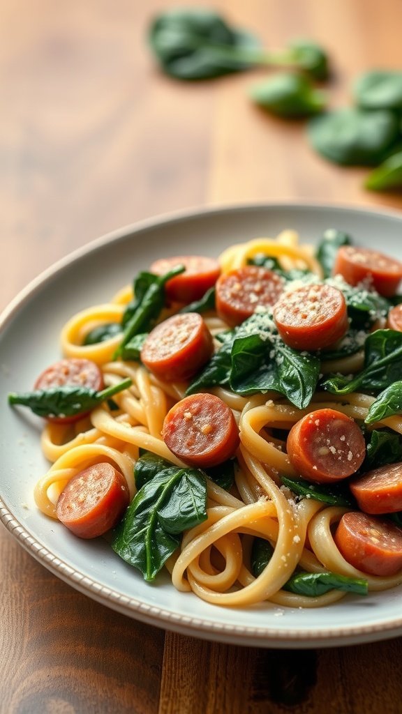 A plate of pasta with sliced kielbasa and fresh spinach.