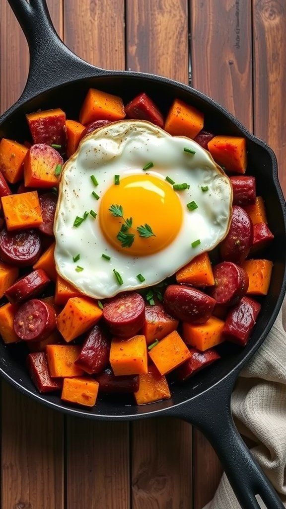 Kielbasa and Sweet Potato Hash with an egg on top