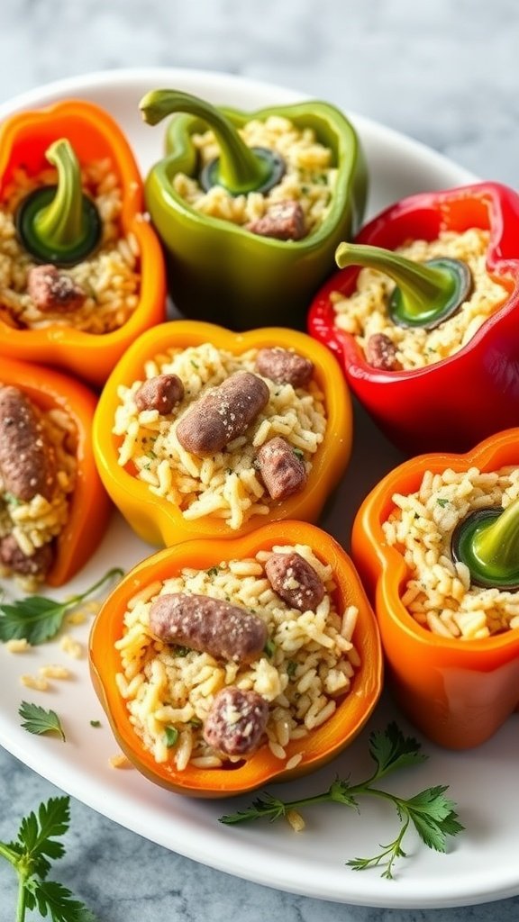 Kielbasa stuffed bell peppers filled with rice and beans