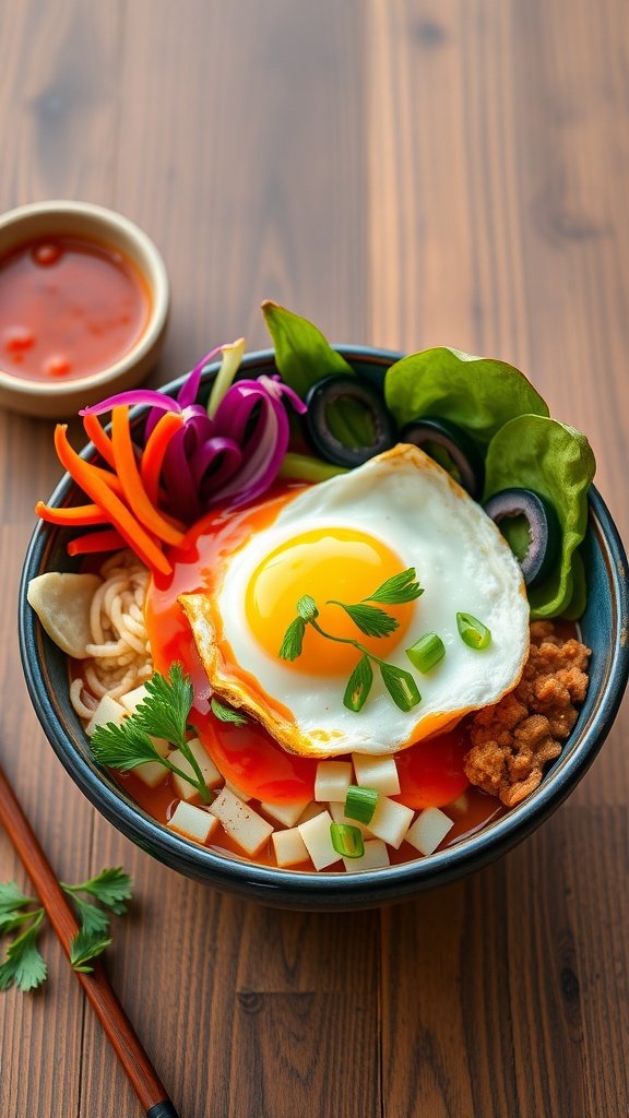 A colorful Korean bibimbap breakfast bowl with rice, vegetables, and a fried egg.