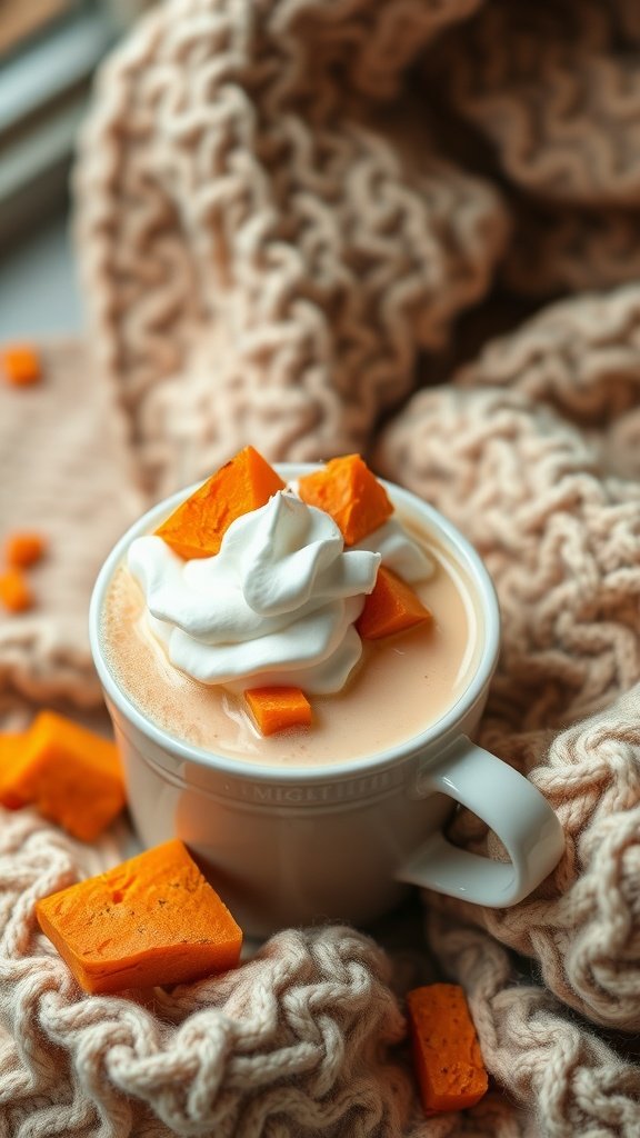 A cozy cup of Korean Sweet Potato Latte topped with whipped cream and sweet potato chunks.
