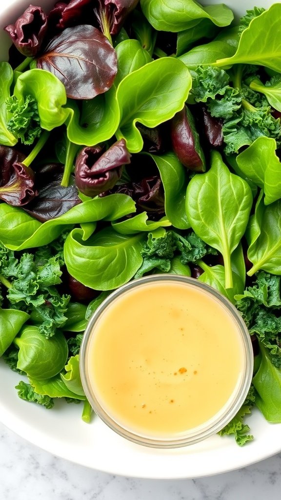 A bowl of mixed leafy greens with a creamy dressing