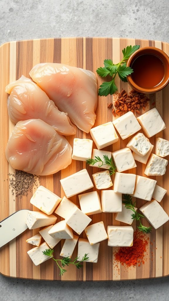 Fresh chicken breasts and tofu on a cutting board with spices and herbs.