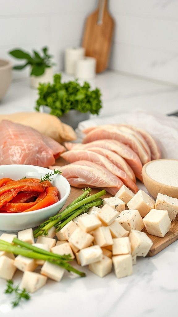 A display of lean proteins, including chicken and fish, alongside fresh vegetables like bell peppers and green onions, highlighting healthy food choices.