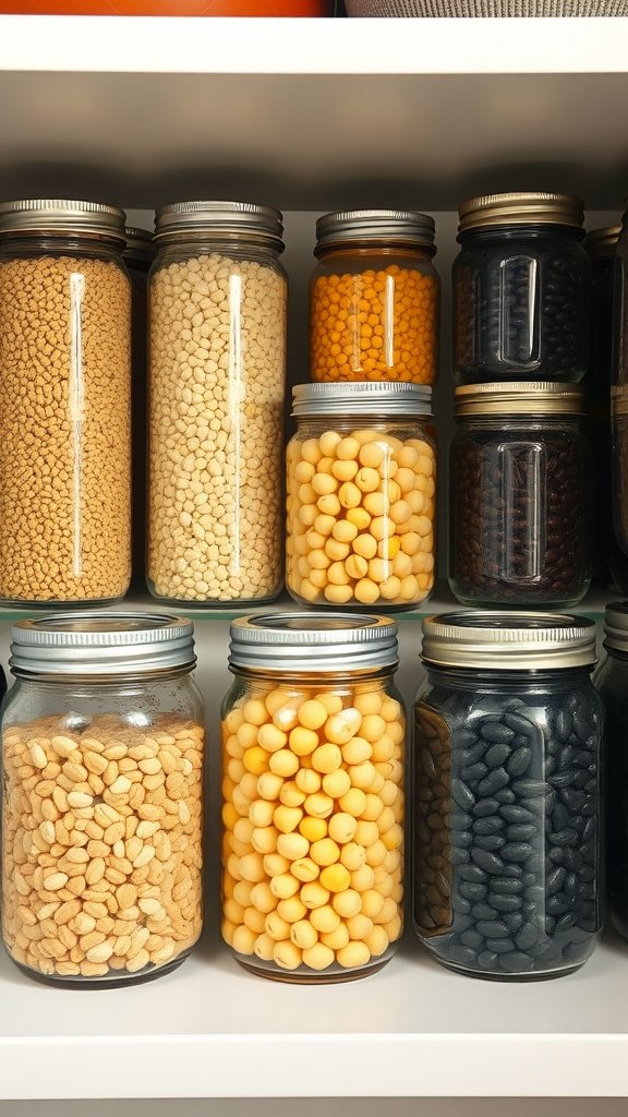 Shelves filled with jars of various legumes including lentils, chickpeas, and black beans.