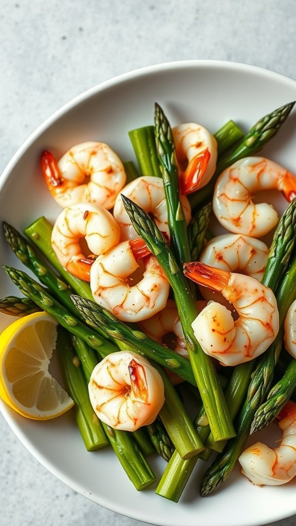 Lemon Garlic Shrimp served with asparagus and a lemon wedge.