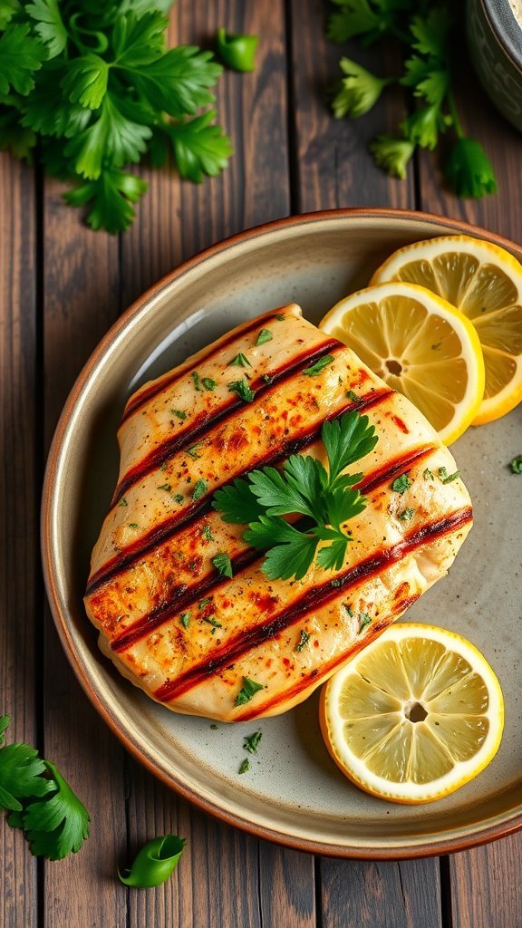 Grilled chicken breast garnished with parsley and lemon slices