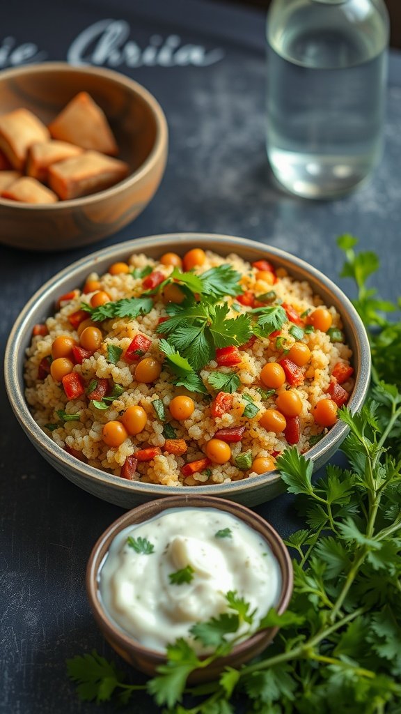 A serving of colorful lentil and vegetable upma topped with fresh cilantro.